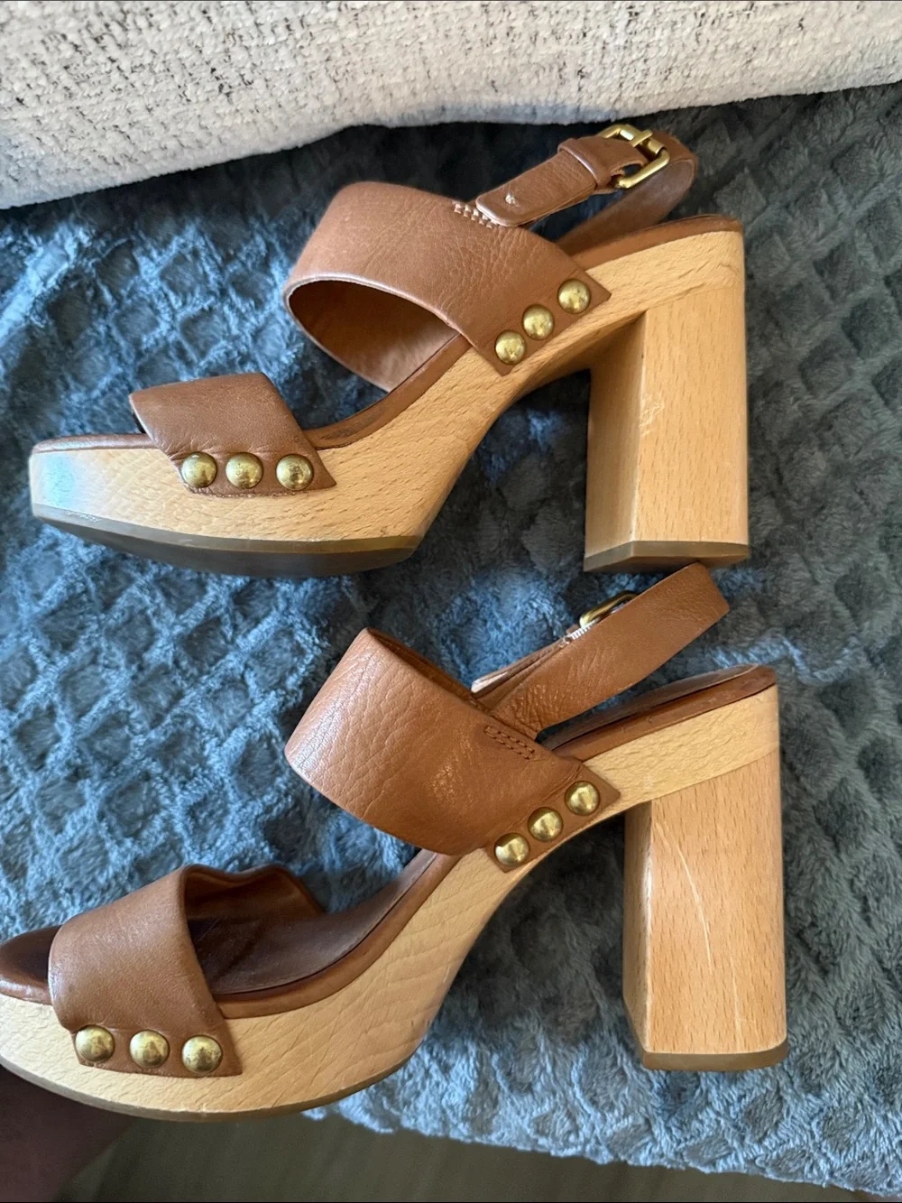 Frye Tan Leather Platform Wedge Sandals